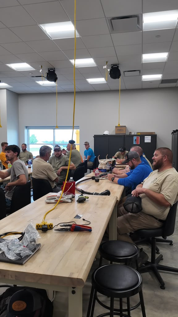 Classroom workbenches laid out with rope, tools and protective equipment during a training session