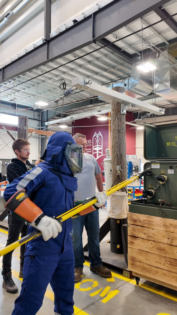 Trainee in an arc-flash suit and hood carrying a yellow hot stick past a transformer in the training bay