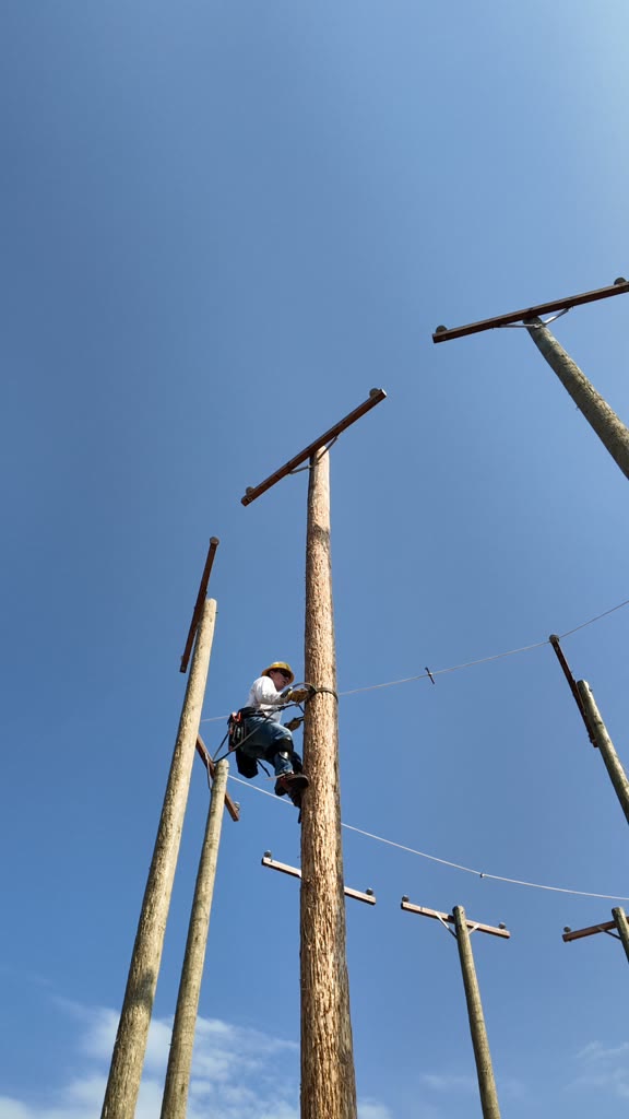 Lineworker climbing a wooden utility pole against a clear blue sky