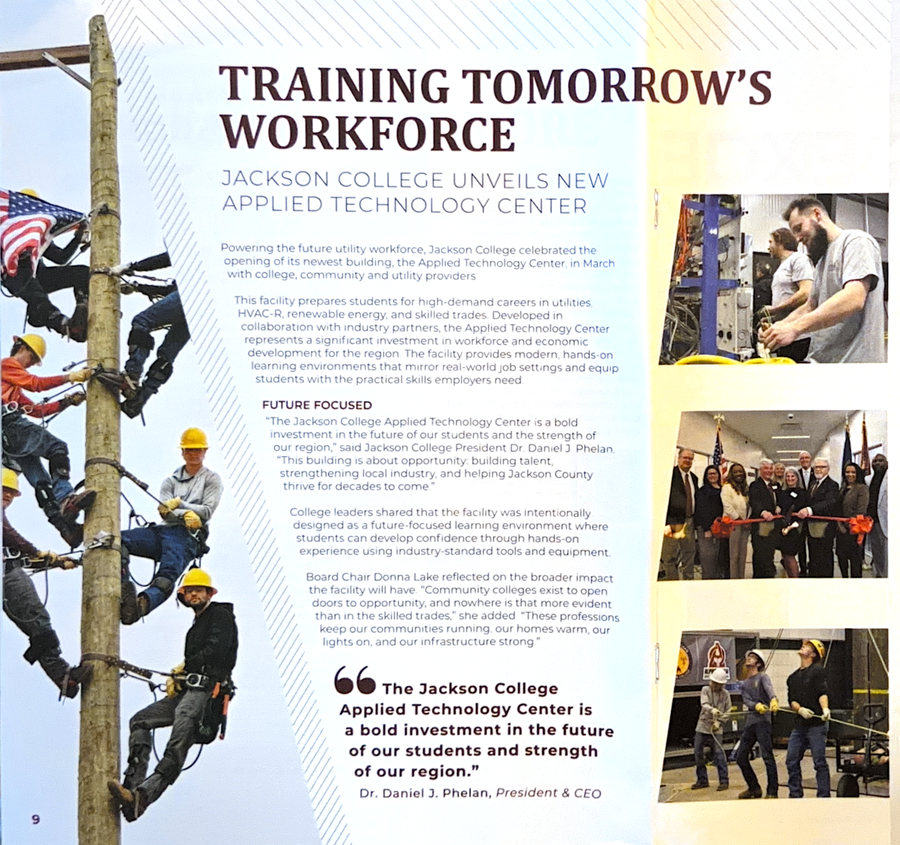 Magazine page headlined “Training Tomorrow’s Workforce — Jackson College unveils new Applied Technology Center”, with photographs of climbers working up a wooden utility pole, students at shop equipment, a ribbon-cutting with oversized scissors, and a crew hauling on a rope indoors.